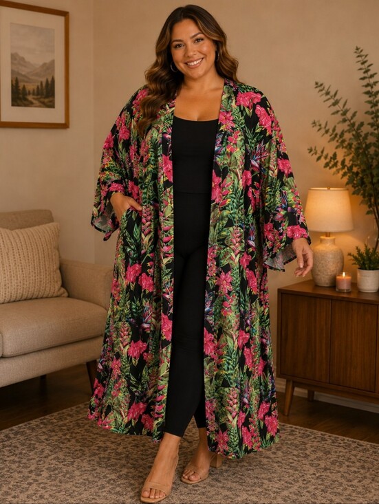 Love University Jackets & Blazers - Floral Long Kimono Robe in Black and Pink